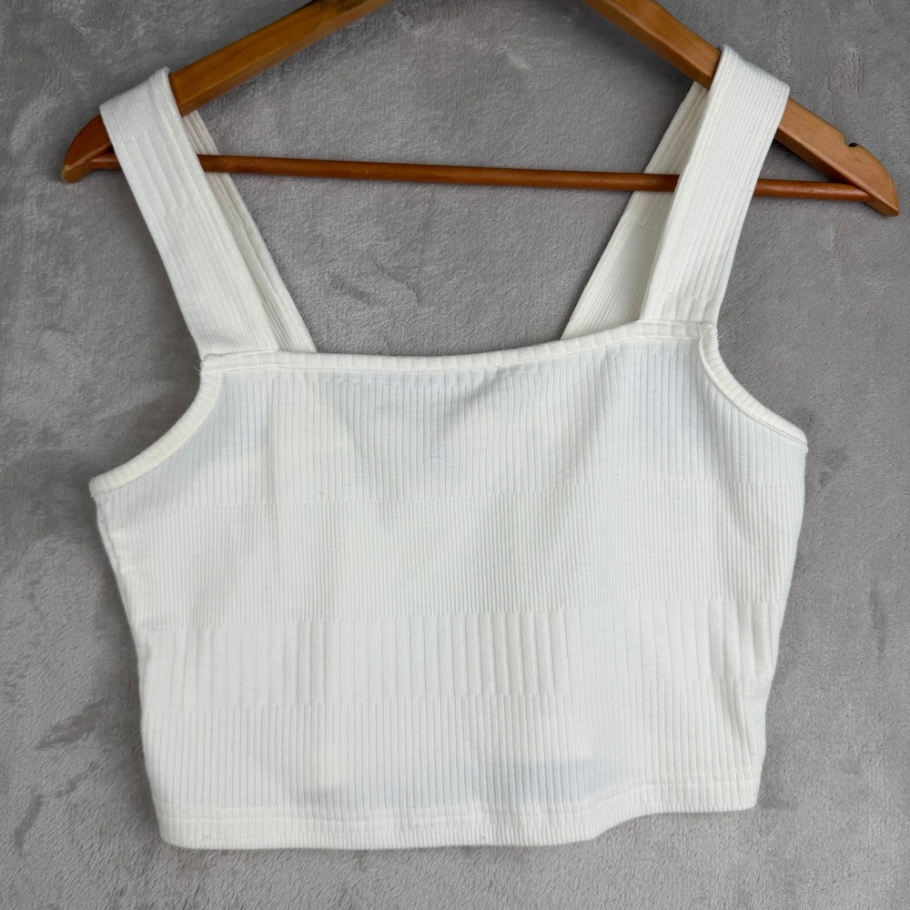 Roxy Womens White‎ Ribbed Square Neck Crop Tank Top Size Medium Embroidered Logo